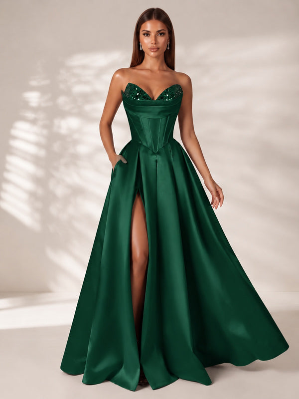 Emerald Green Strapless Corset Satin Prom Dress Long Evening Gown with High Slit