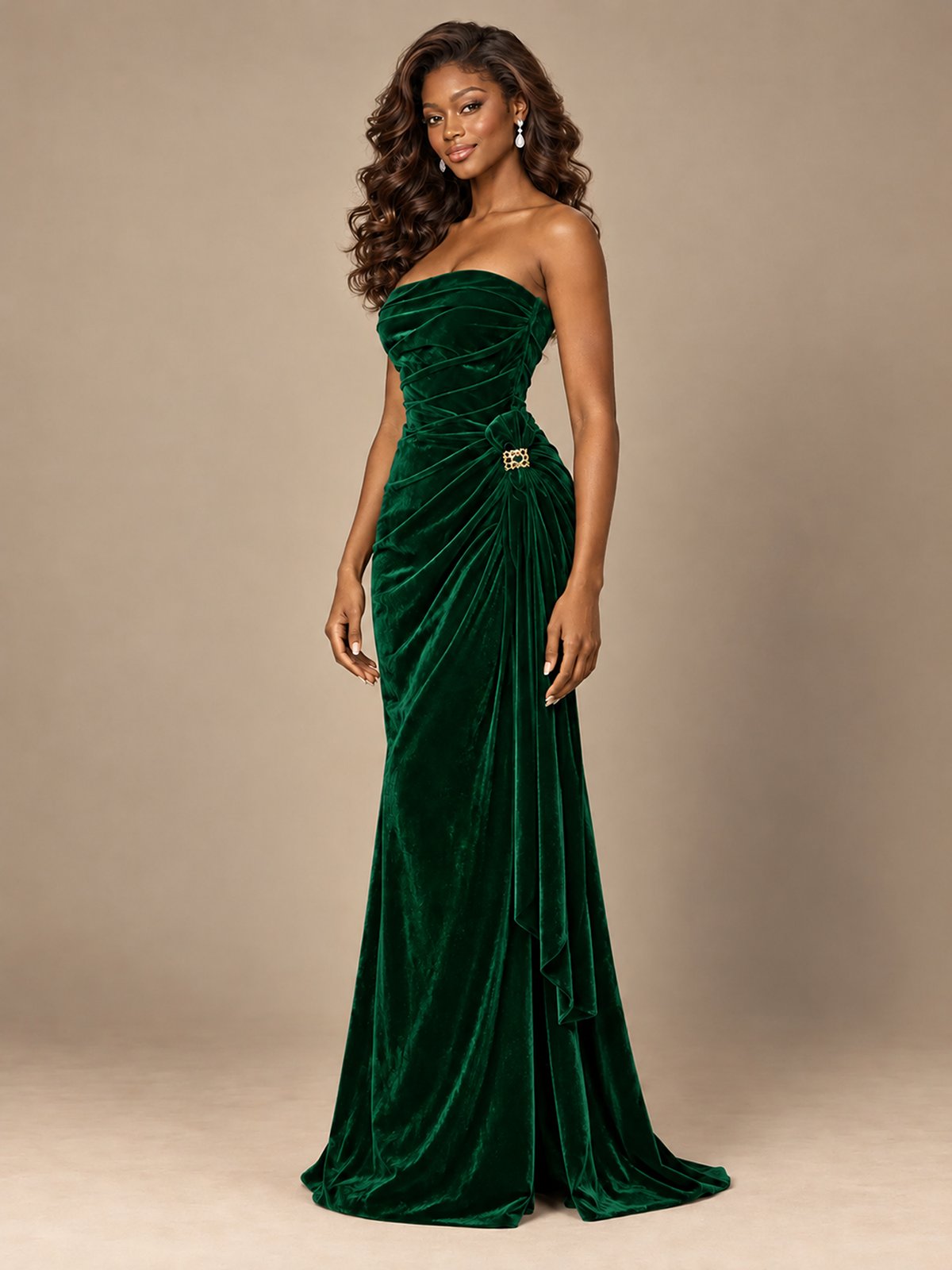 Burgundy Velvet Strapless Ruched Prom Dress with Jeweled Side Drape