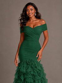 Pink Off-the-Shoulder Mermaid Prom Dress with Ruffles 3D Flowers