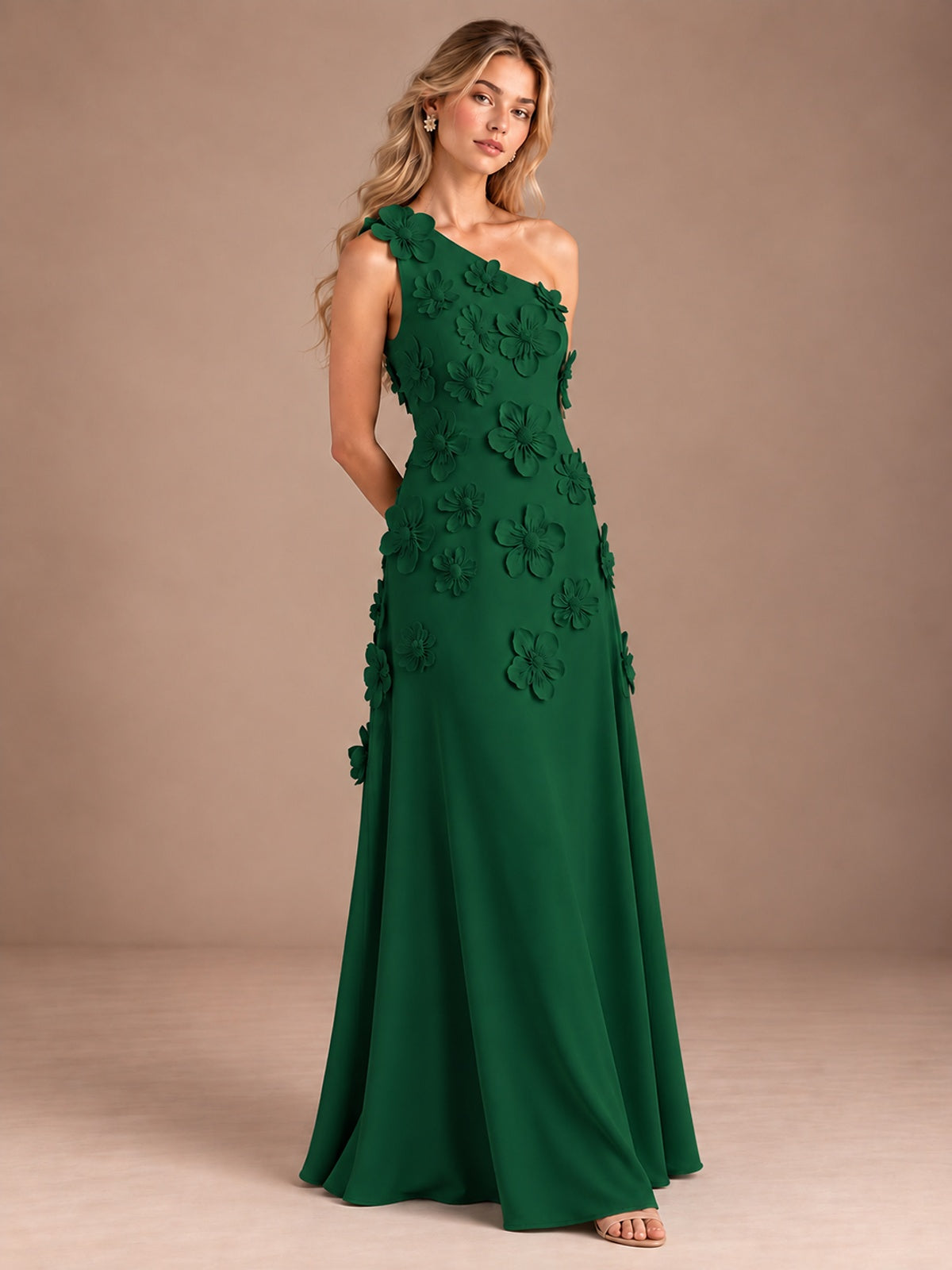 Sage Green One Shoulder Satin Formal Maxi Dress with 3D Floral