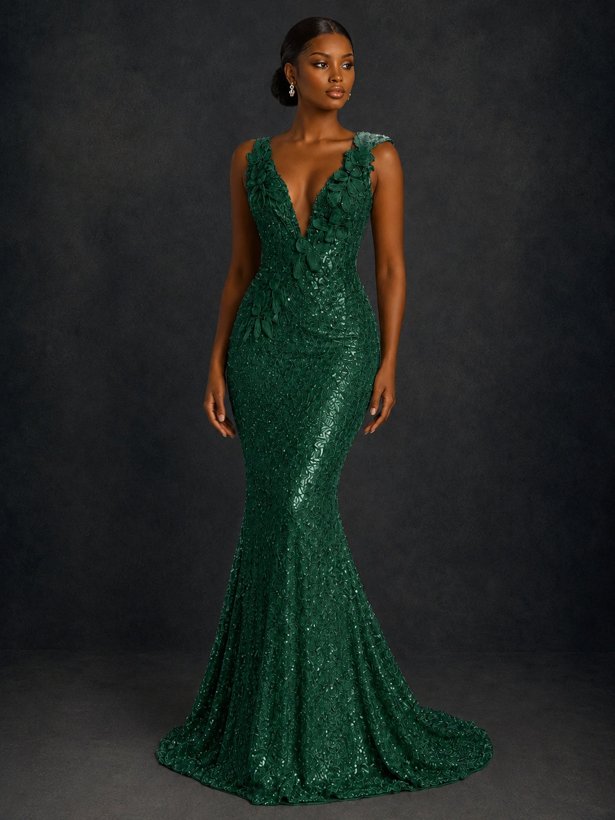 Gold Sequin Floral Applique Mermaid Prom Dress