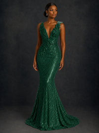 Gold Sequin Floral Applique Mermaid Prom Dress