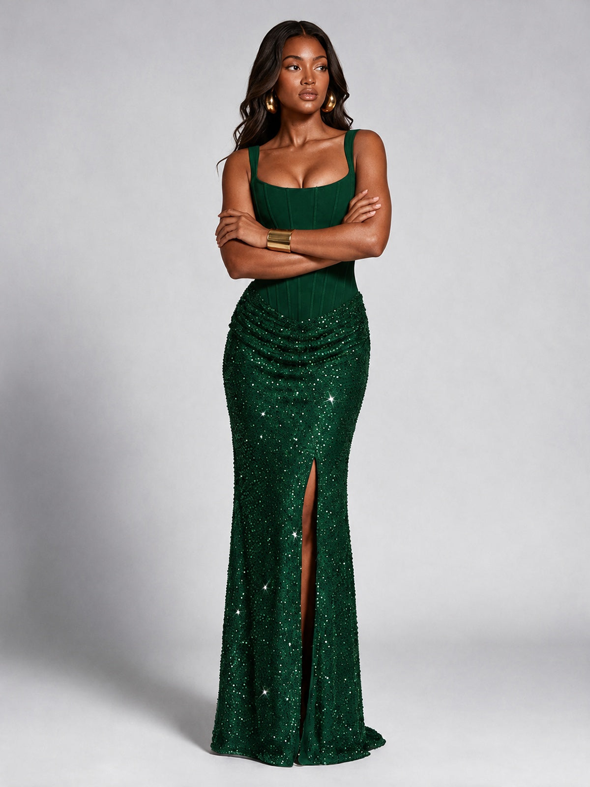 Sequin Corset Mermaid Prom Dress with Square Neck Wide Strap High Slit