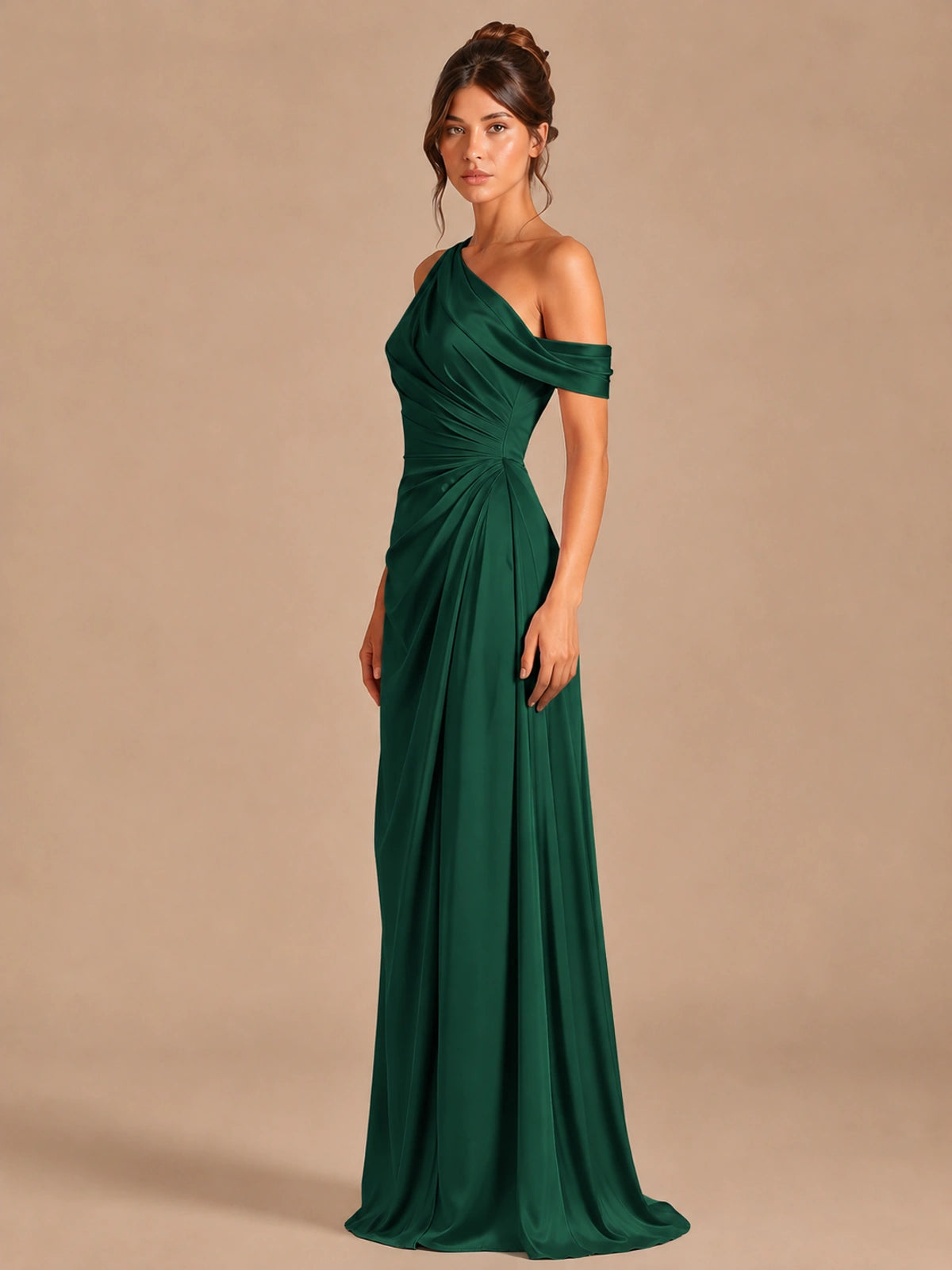 Satin One Shoulder Prom Dress Ruched Long Formal Evening Gown