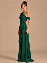 Satin One Shoulder Prom Dress Ruched Long Formal Evening Gown