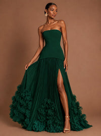 Strapless Pleated Floral Satin Formal Dress with Side Slit