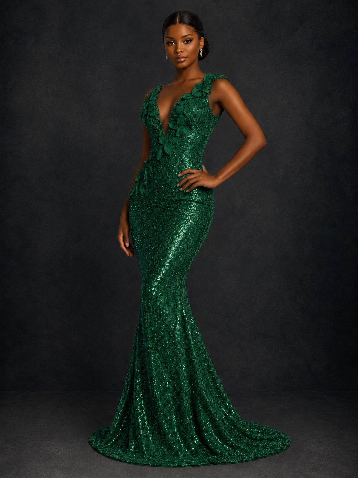 Gold Sequin Floral Applique Mermaid Prom Dress