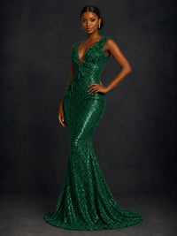 Gold Sequin Floral Applique Mermaid Prom Dress