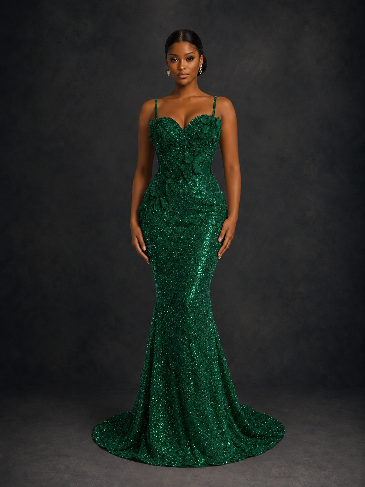 Sequin Mermaid Prom Dress with Floral Applique