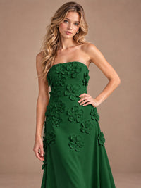 Yellow Strapless A-line Satin Maxi Dress with 3D Floral