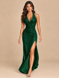 Halter V-Neck Sequin Mermaid Prom Dress with High Slit