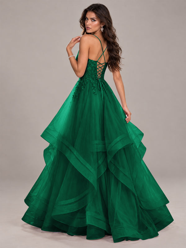 Lace Corset Ball Gown Prom Dress with Cascading Tulle Ruffles