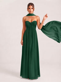 Strapless Ruched Chiffon Long Prom Dress with Scarf