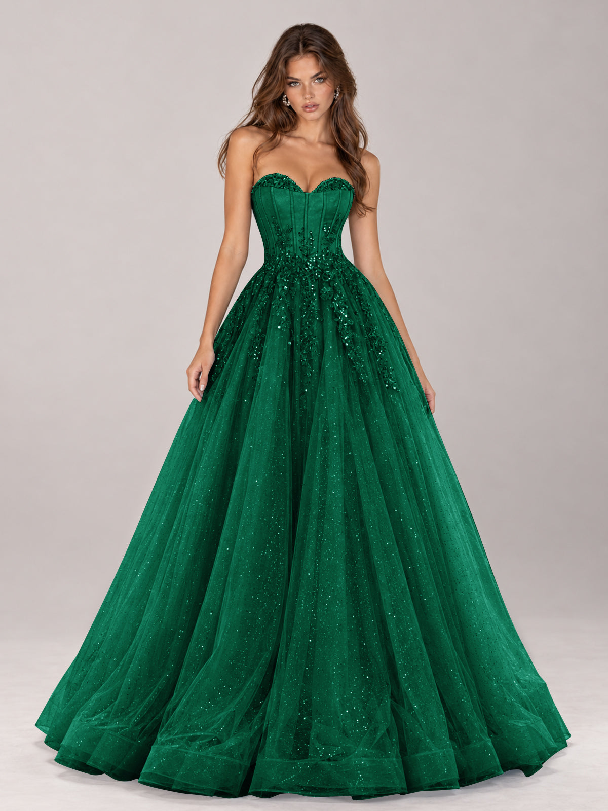 Strapless Sweetheart Beaded Corset Glitter Tulle Ball Gown Prom Dress