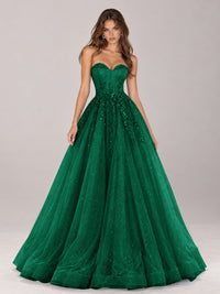 Strapless Sweetheart Beaded Corset Glitter Tulle Ball Gown Prom Dress