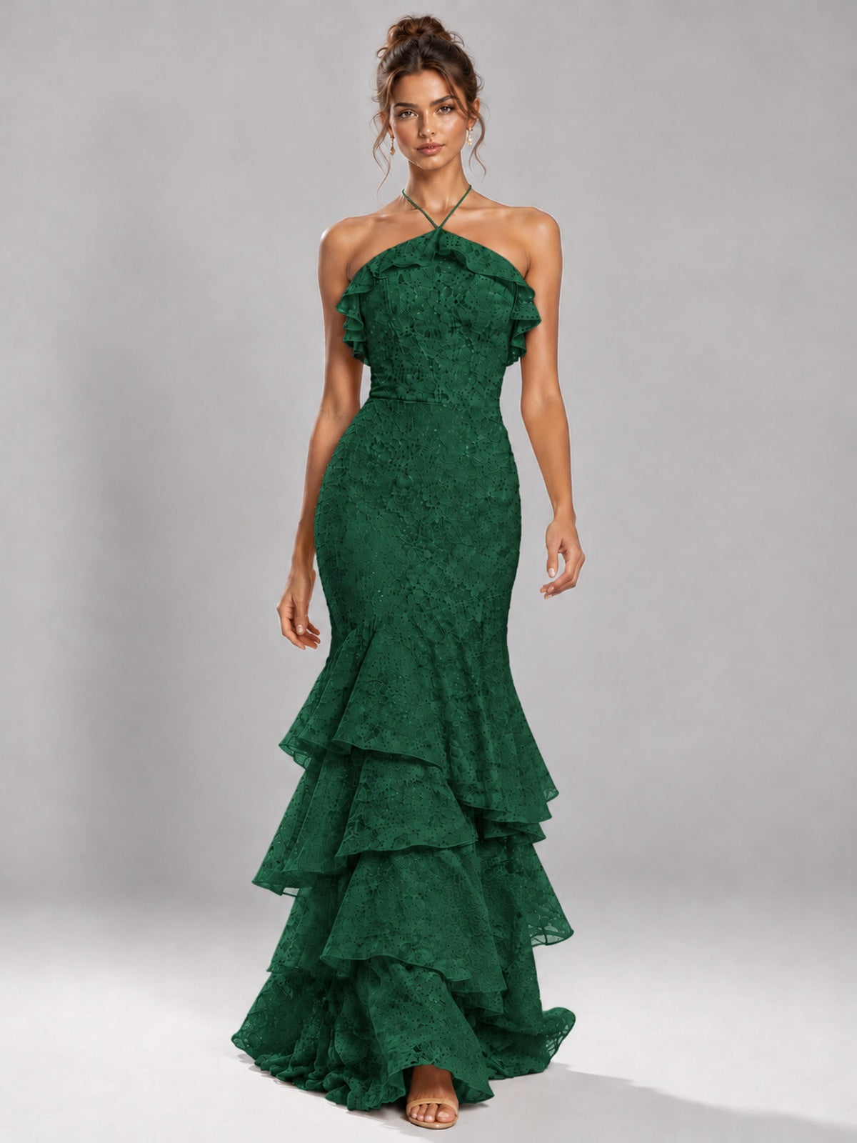 Halter Tiered Mermaid Prom Dress with Sparkly Lace