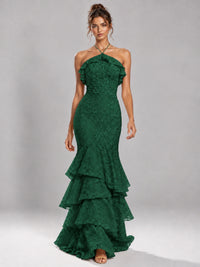 Halter Tiered Mermaid Prom Dress with Sparkly Lace
