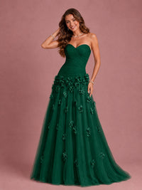 Blush Pink Strapless Sweetheart 3D Floral Tulle Ball Gown Prom Dres