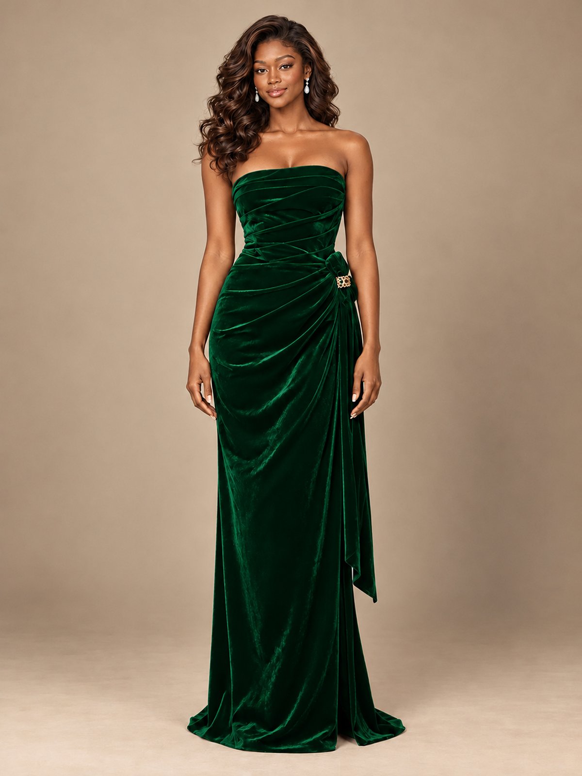 Burgundy Velvet Strapless Ruched Prom Dress with Jeweled Side Drape