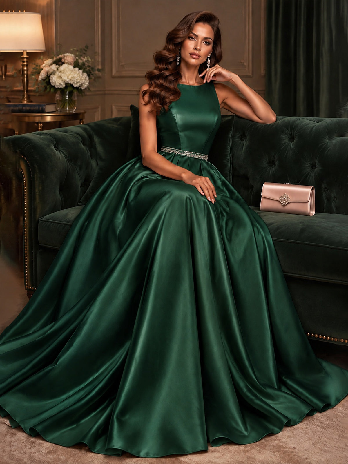 Satin A-Line Prom Dress Sleeveless Beaded Waist Formal Gown with Pockets