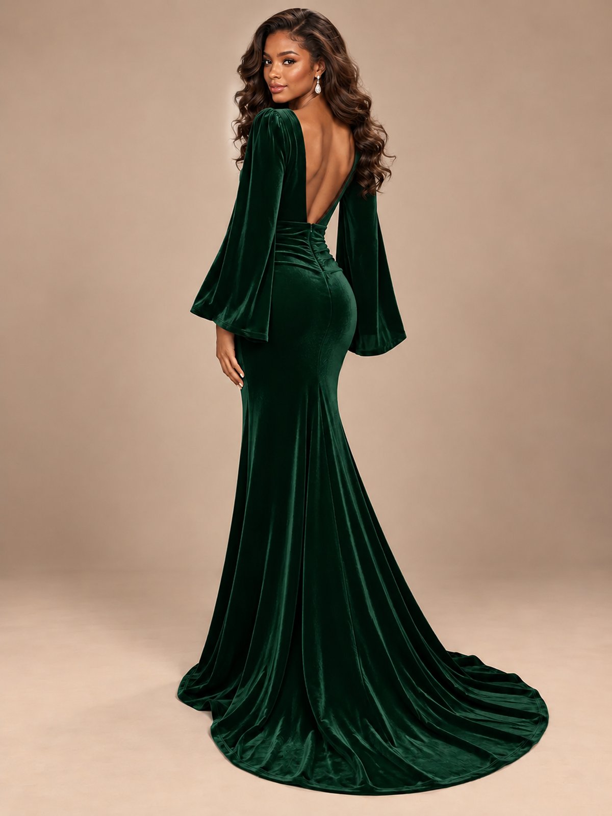 Burgundy Velvet Deep V-Neck Ruched Long Sleeve Maxi Dress