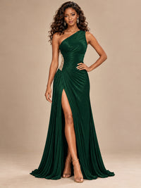 Burgundy One Shoulder Ruched Prom Dress with High Slit & Beaded Waist