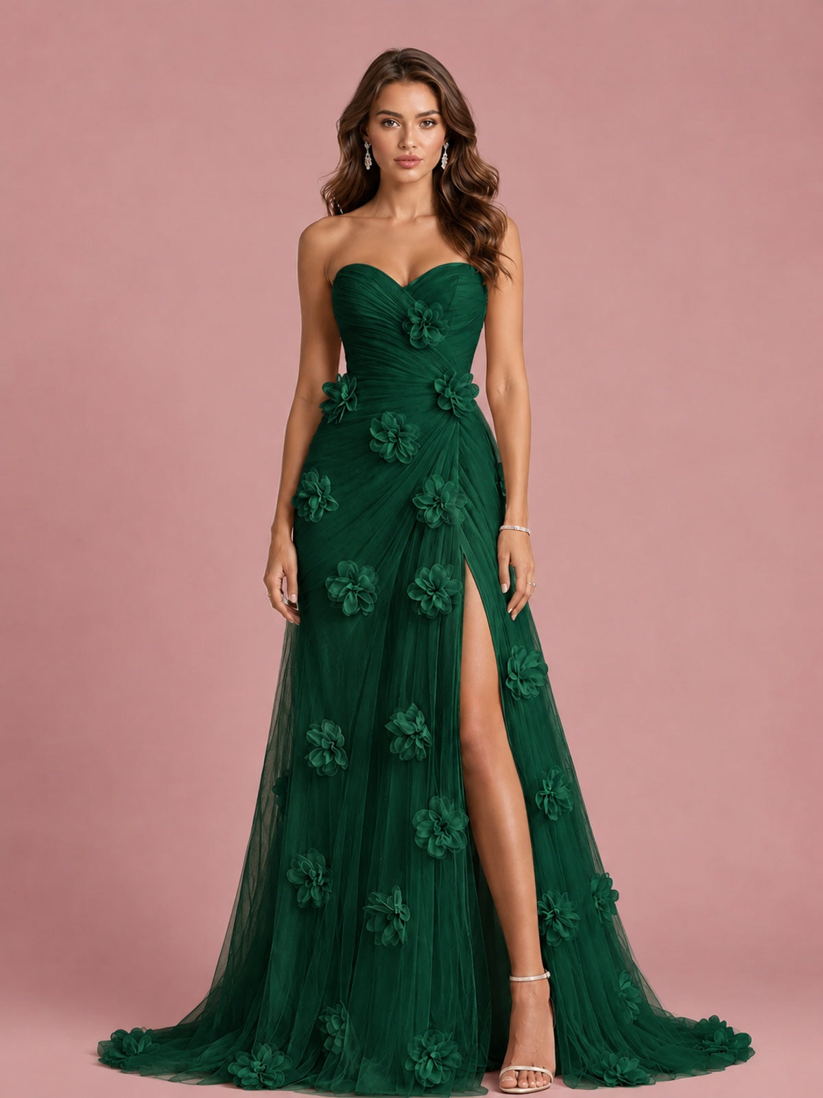 3D Floral Applique Strapless Tulle Prom Dress with High Slit