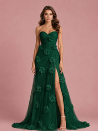 3D Floral Applique Strapless Tulle Prom Dress with High Slit