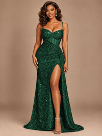 Burgundy Sequin Corset Prom Dress with High Slit