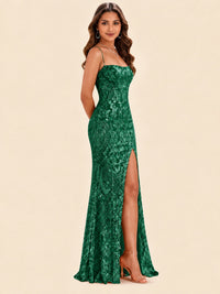 Sequin Lace Appliques Mermaid Prom Dress Spaghetti Strap Formal Gowns with Slit