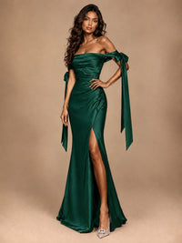 Off The Shuolder Satin Prom Dress Slit Mermaid Formal Gowns
