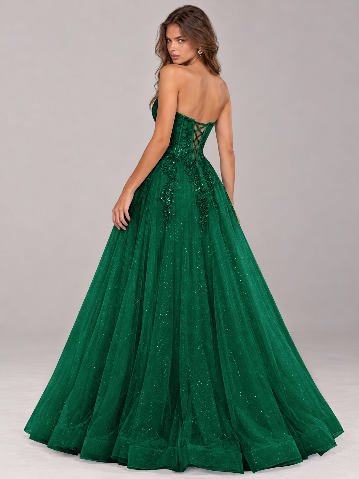 Strapless Sweetheart Beaded Corset Glitter Tulle Ball Gown Prom Dress