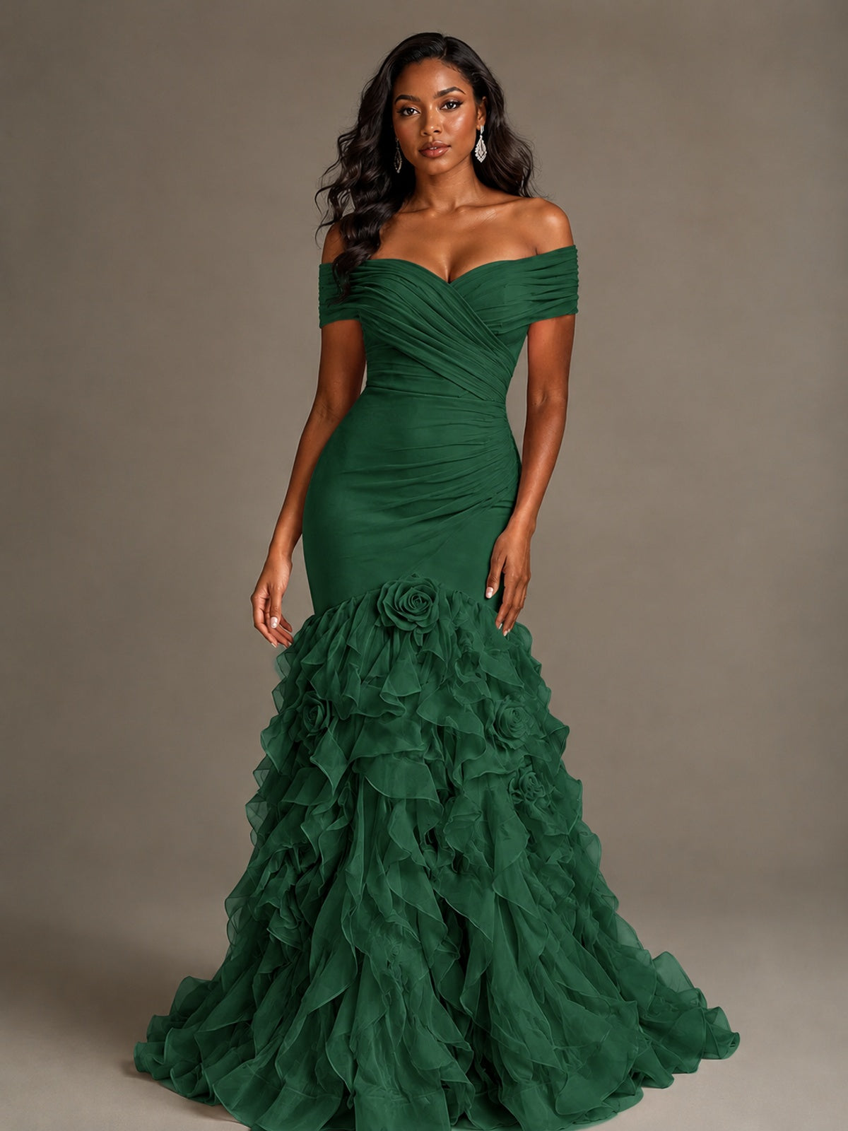 Pink Off-the-Shoulder Mermaid Prom Dress with Ruffles 3D Flowers