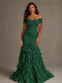 Pink Off-the-Shoulder Mermaid Prom Dress with Ruffles 3D Flowers