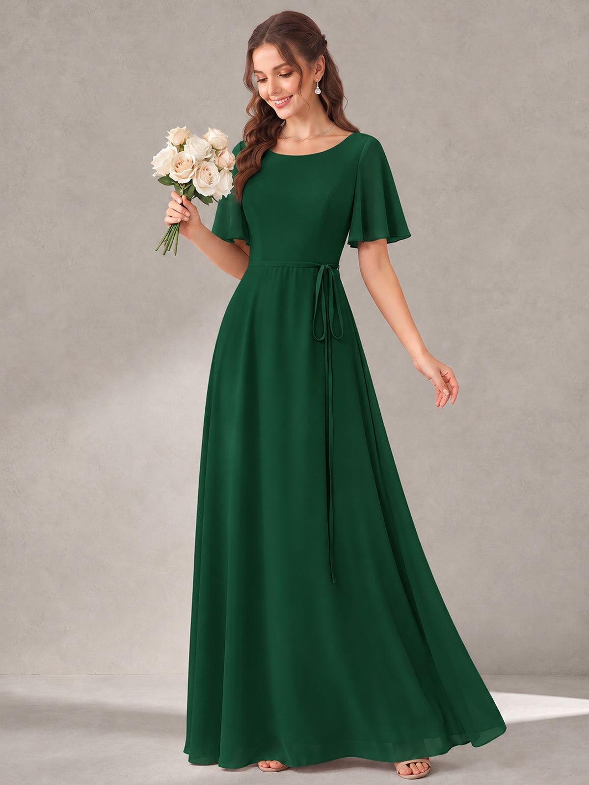 Scoop Neck A-line Chiffon Bridesmaid Dress with Flutter Sleeve & Belt