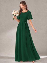 Scoop Neck A-line Chiffon Bridesmaid Dress with Flutter Sleeve & Belt
