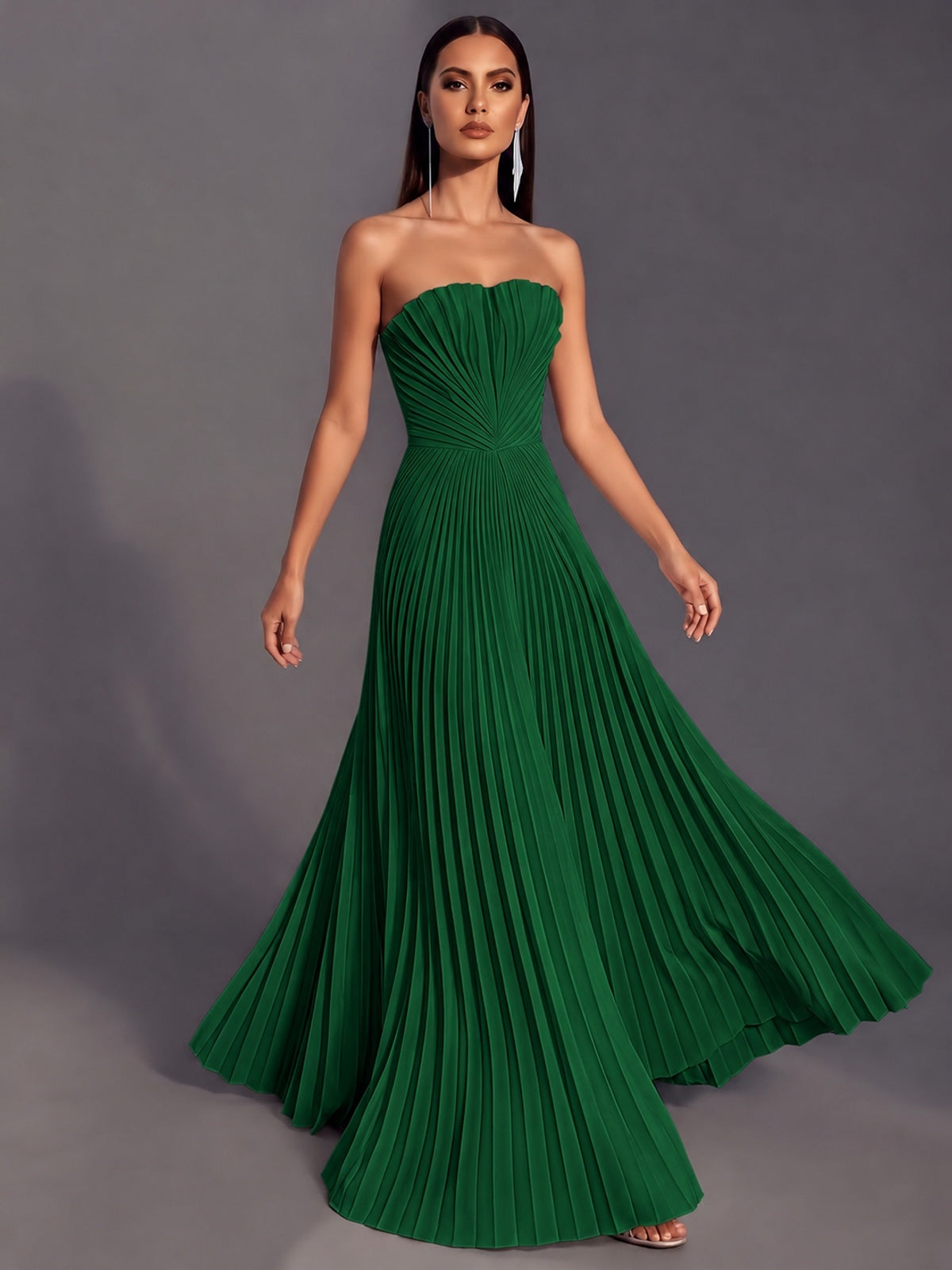Strapless A-line Long Pleated Satin Prom Dress