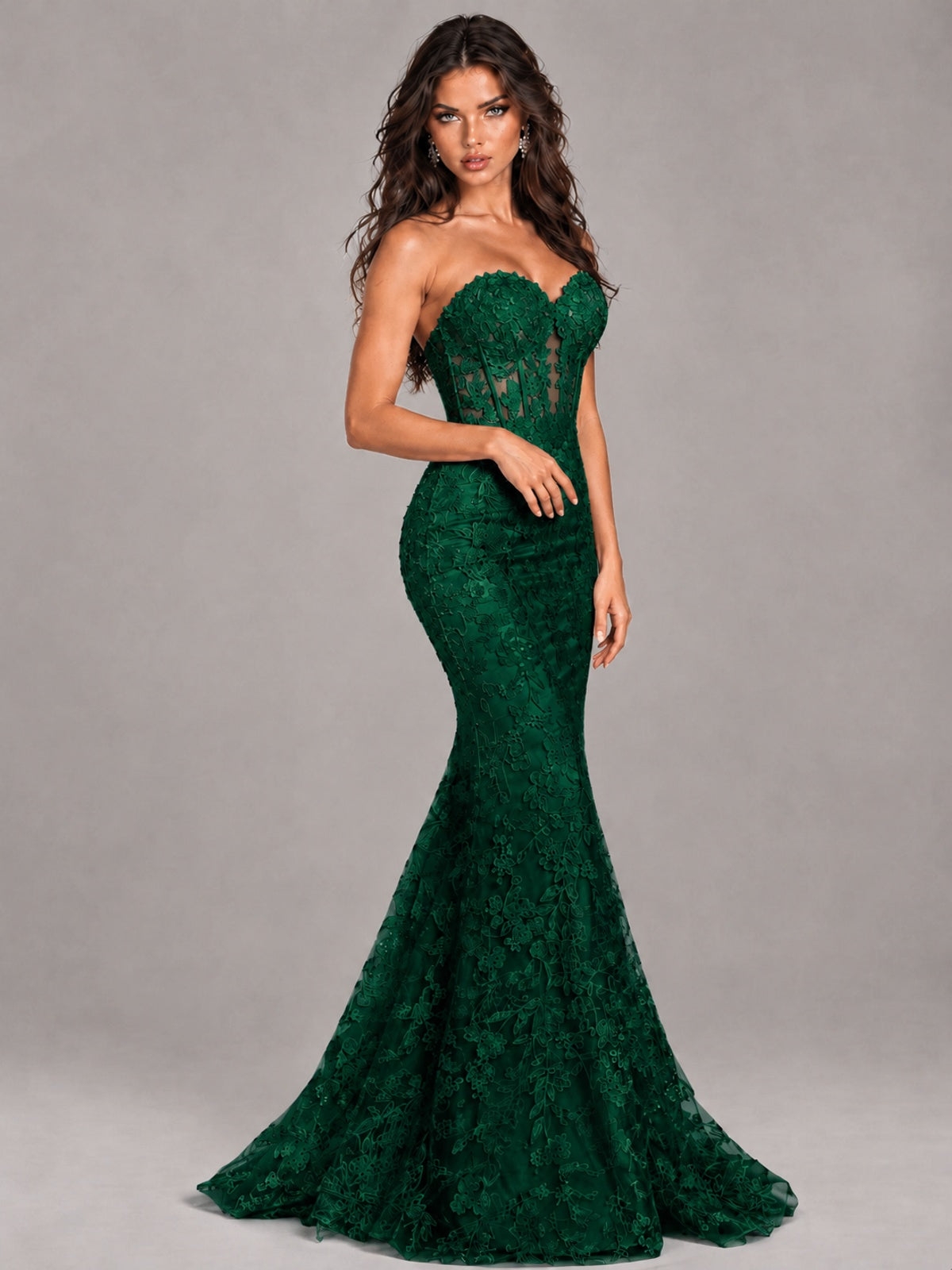 Strapless Corset Mermaid Prom Dress Lace Appliqué Formal Gown
