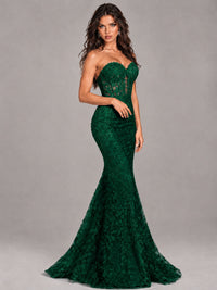 Strapless Corset Mermaid Prom Dress Lace Appliqué Formal Gown
