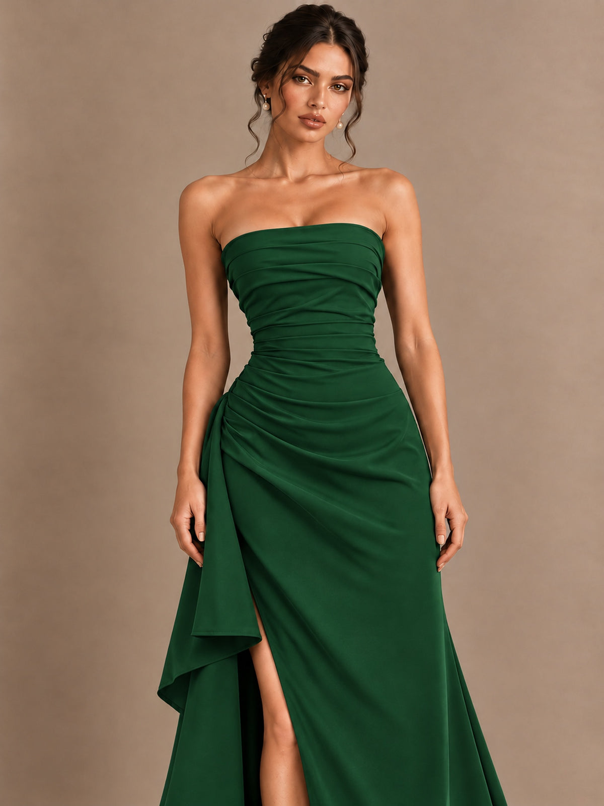 Black and White Strapless Ruched Prom Dress with High Slit & Side Drape