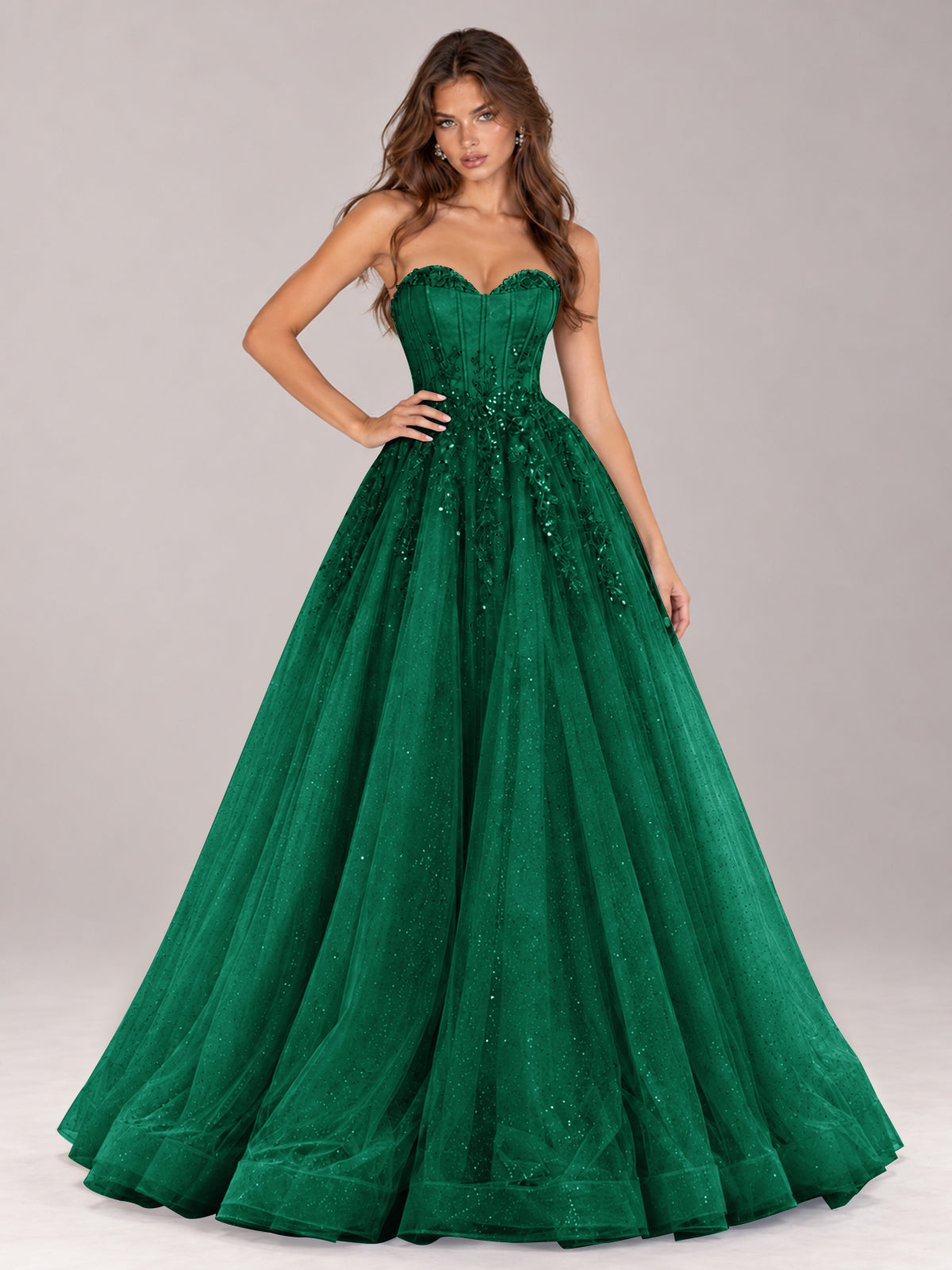 Strapless Sweetheart Beaded Corset Glitter Tulle Ball Gown Prom Dress