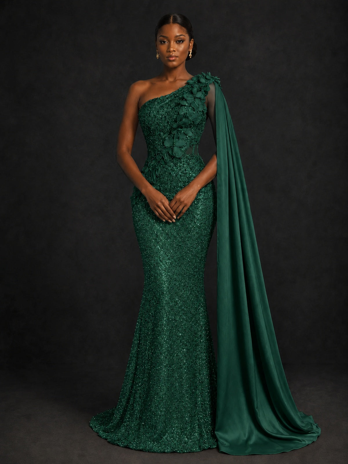 Gold Sequin One Shoulder Mermaid Prom Dress with Cape
