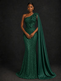 Gold Sequin One Shoulder Mermaid Prom Dress with Cape