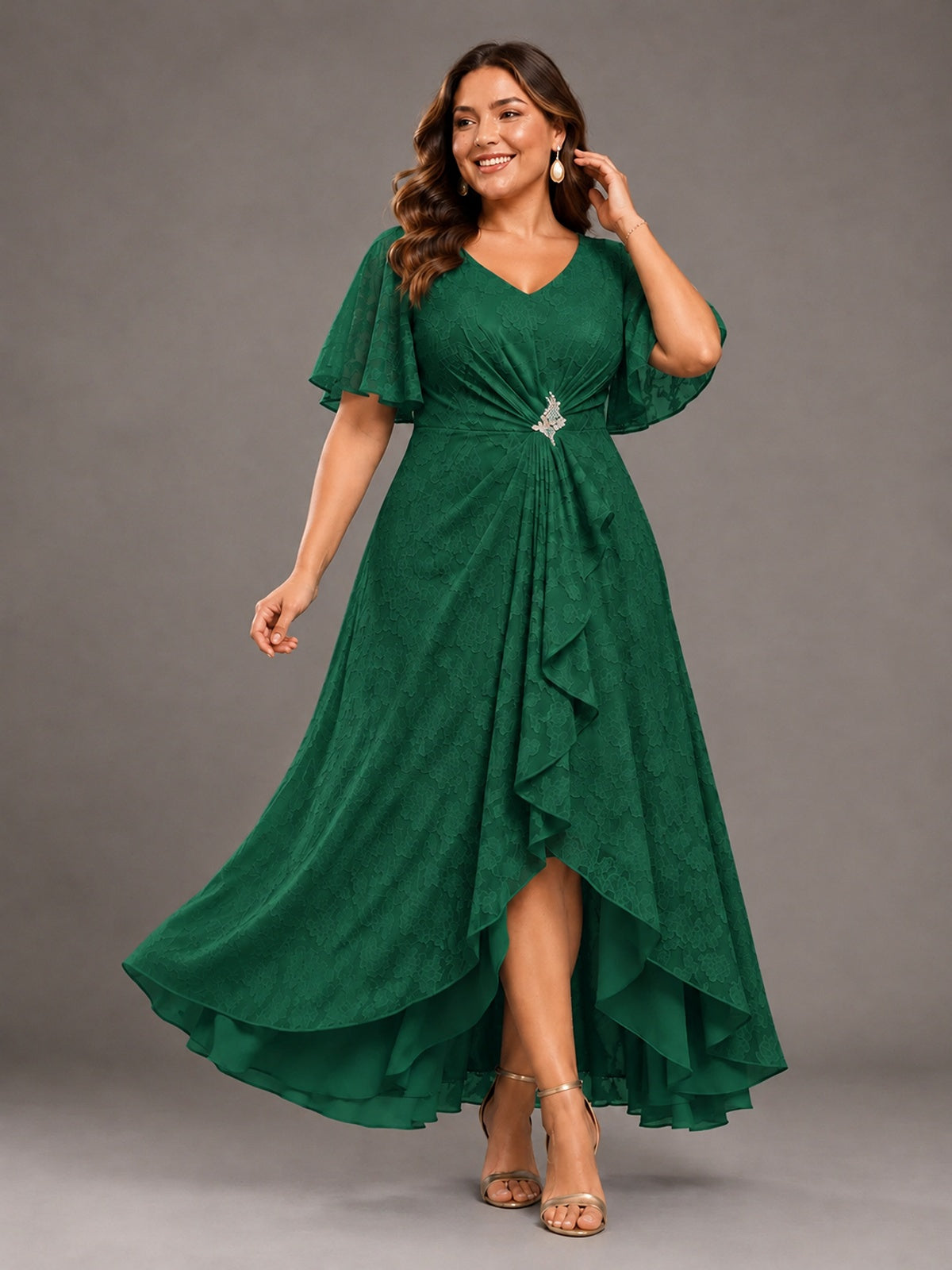 Jacquard Chiffon A-Line V-Neck High-Low Mother of the Bride Dress