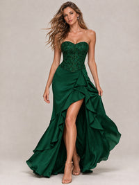Strapless Lace Appliques Corset Satin Prom Dress Ruffle Slit Evening Gown