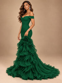 Dusty Blue Off-the-Shoulder Mermaid Prom Dress with 3D Rose & Ruffles