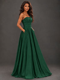 Draped Satin Prom Dress Strapless A-line Formal Dress Floor Length