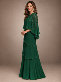 Elegant Chiffon Cape Sleeve Beaded Mother of the Bride Dress