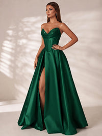 Strapless Corset Satin Prom Dress Long Evening Gown with High Slit