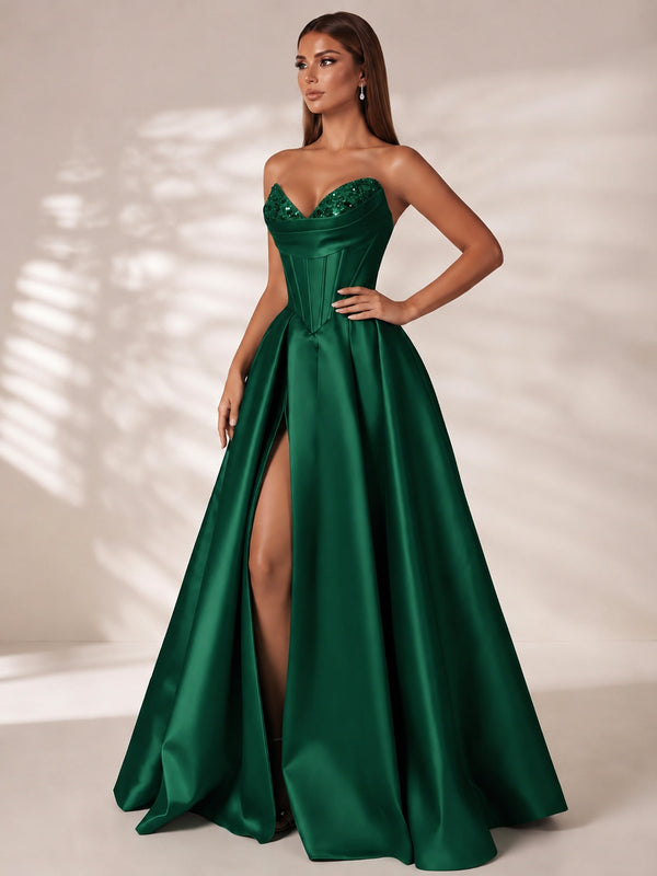 Strapless Corset Satin Prom Dress Long Evening Gown with High Slit